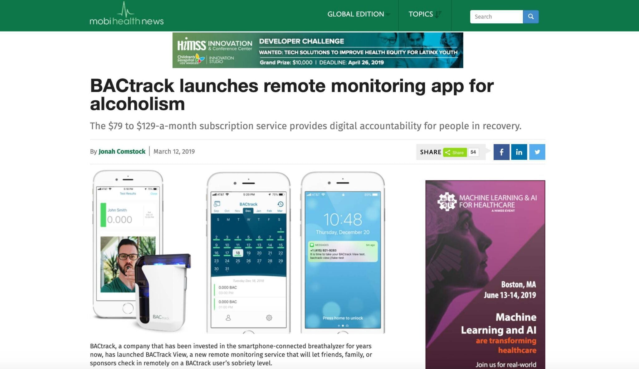 BACtrack View featured in MobiHealthNews digital health publication