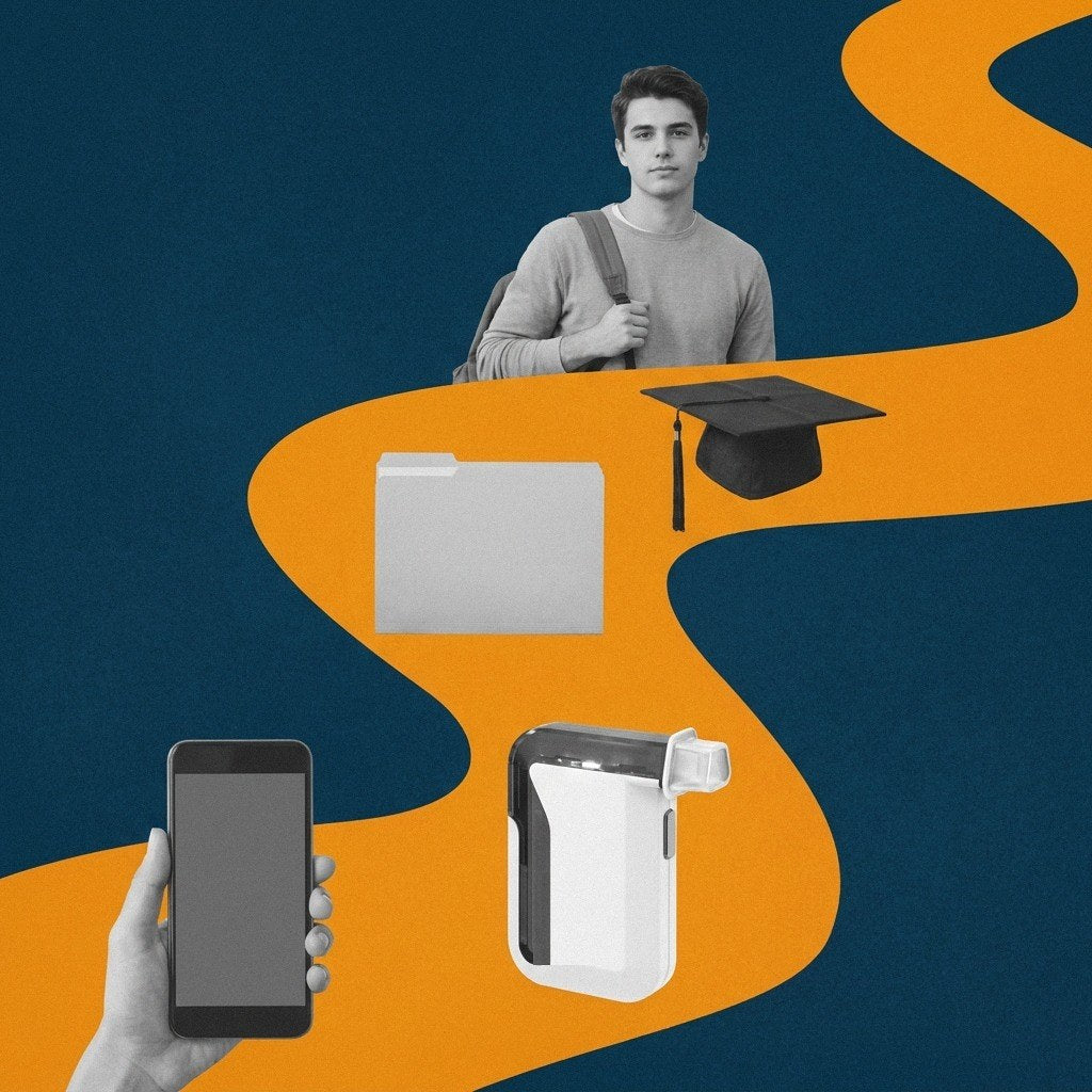 Navy and orange flat photo collage of a college student with a backpack, a graduation cap, a conduct file folder, a smartphone, and a BACtrack Mobile breathalyzer, for college alcohol monitoring