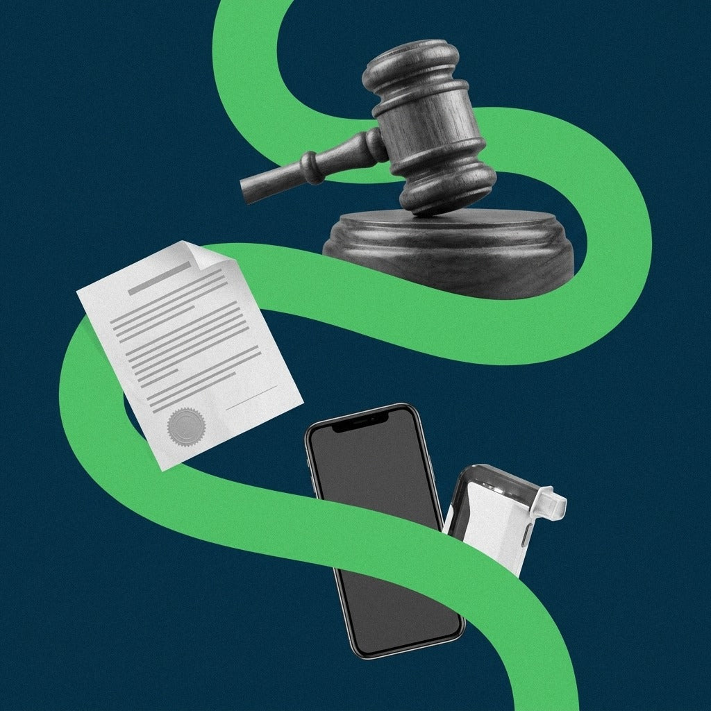Navy-and-green flat photo collage of a judge's gavel, a sealed court order, a smartphone and a small BACtrack Mobile breathalyzer along a winding path, representing alcohol monitoring attached to a protective order.