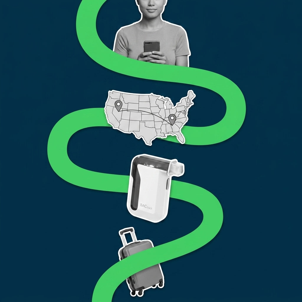 Navy collage of a parent with a smartphone, a US map with two location pins across state lines, a smartphone breathalyzer, and a suitcase along a green ribbon, representing remote alcohol monitoring for interstate custody cases