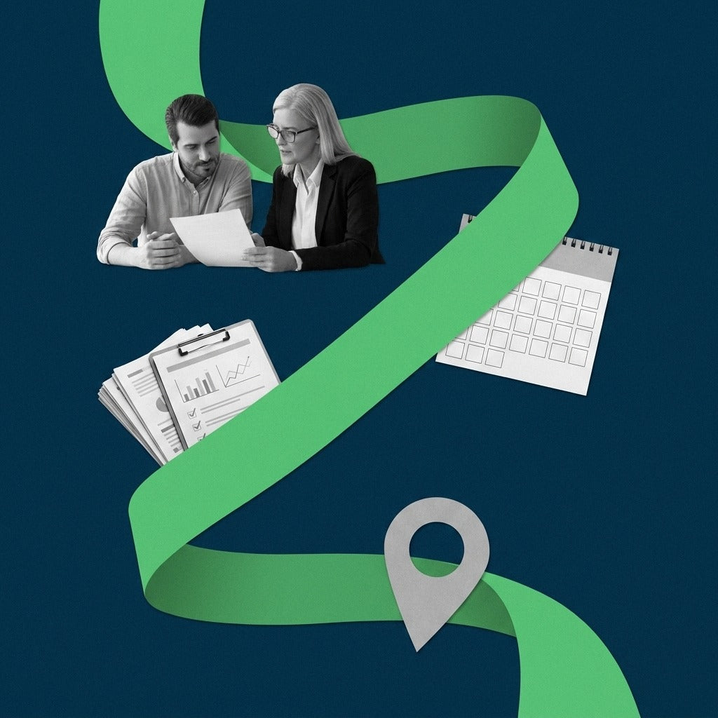 Navy-and-green editorial collage of a parent and attorney reviewing a report beside a blank calendar and location marker, representing the seven details an alcohol monitoring report needs before a custody hearing.