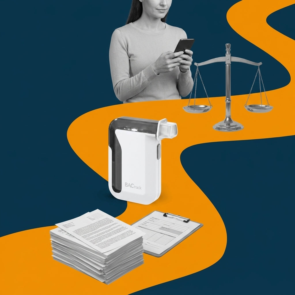 Navy collage of a parent with a smartphone, scales of justice, a smartphone breathalyzer, and a stack of documents along an orange ribbon, representing alcohol monitoring in tribal court custody proceedings