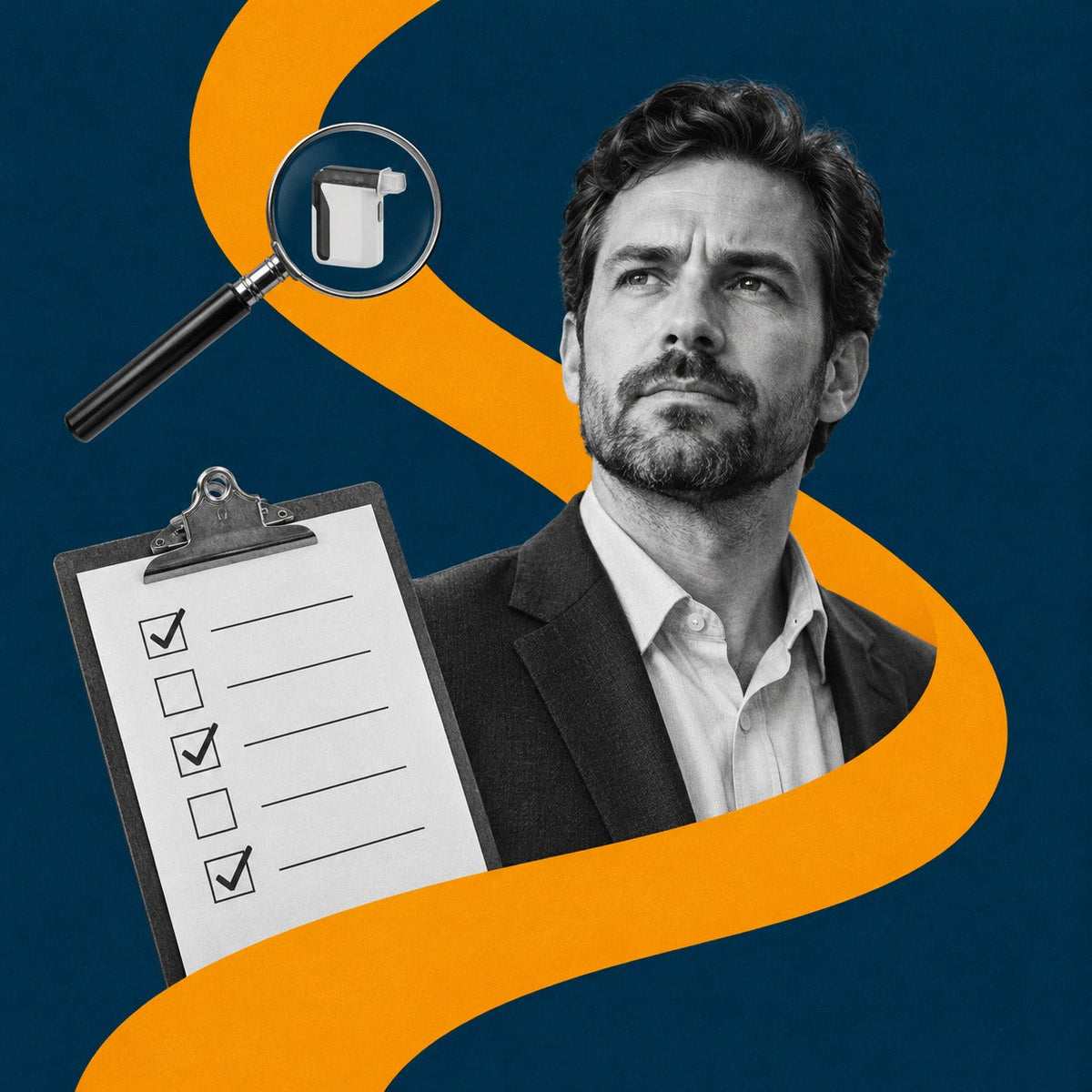 Navy-and-orange flat photo collage of an attorney in a blazer, a clipboard checklist and a magnifying glass over a small BACtrack Mobile breathalyzer, representing an attorney vetting a remote alcohol monitoring service.