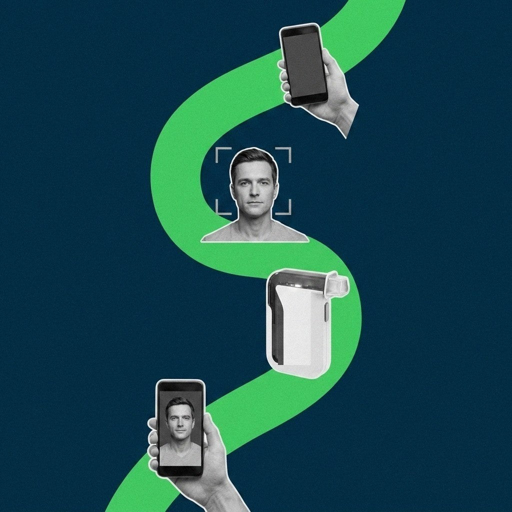 Navy-and-green flat photo collage of a person inside a face-detection frame, a hand holding a smartphone recording video, and a BACtrack Mobile smartphone breathalyzer, representing video-based identity verification in remote alcohol monitoring.