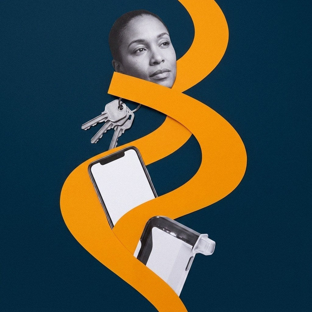 Navy-and-orange flat photo collage of a thoughtful person with house keys, a smartphone, and a BACtrack Mobile breathalyzer, representing the choice of a home alcohol monitoring solution.