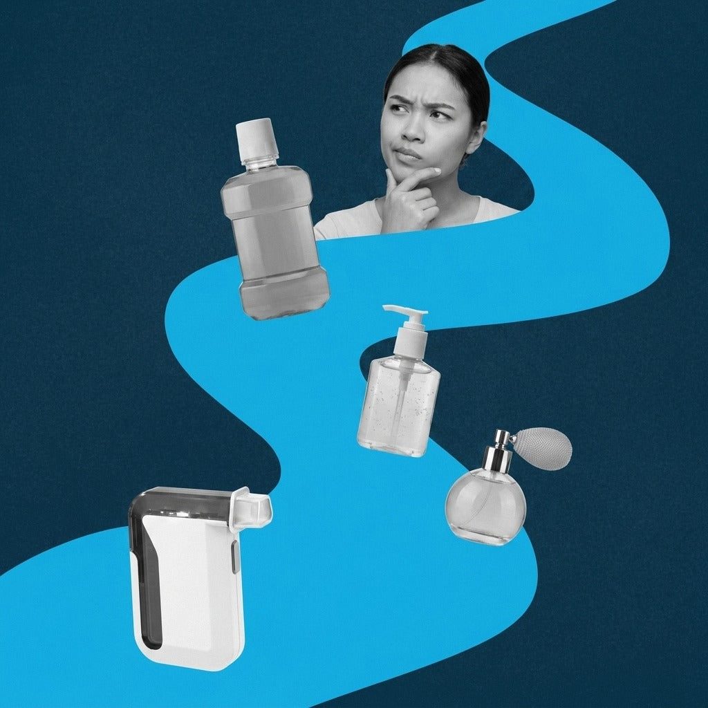 Navy-and-cyan flat photo collage of a puzzled person with a bottle of mouthwash, a hand sanitizer pump, a perfume atomizer, and a BACtrack Mobile smartphone breathalyzer, representing everyday products that cause a non-drinking event.