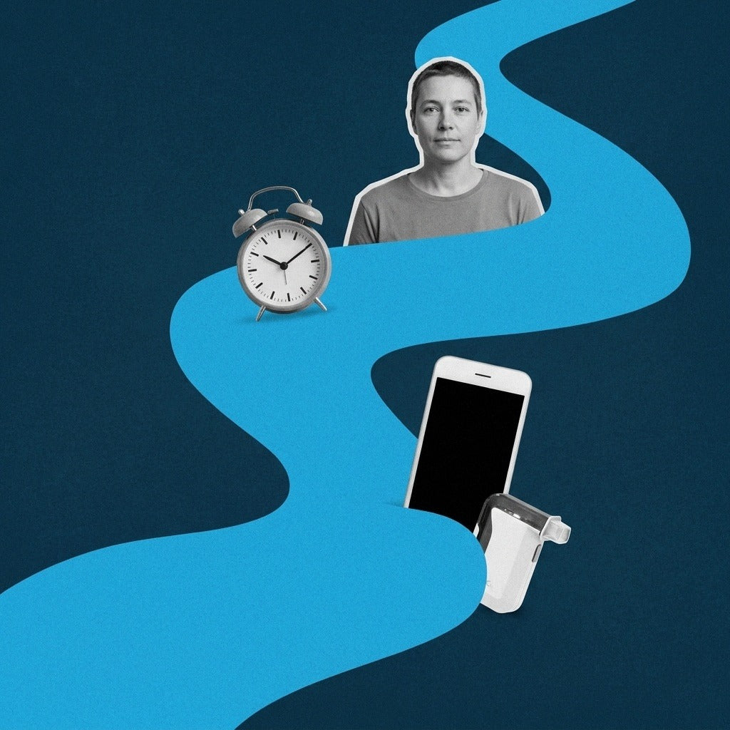 Navy-and-cyan flat photo collage of a composed adult, a small alarm clock, a smartphone and a small BACtrack Mobile breathalyzer along a winding path, representing a court-ordered test that can be requested at any hour.