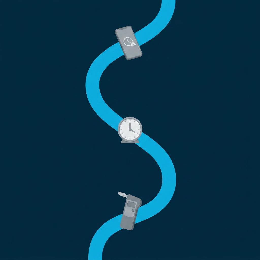 Navy illustration of a smartphone test alert, a clock, and a breathalyzer along a winding path, representing unpredictable random alcohol testing