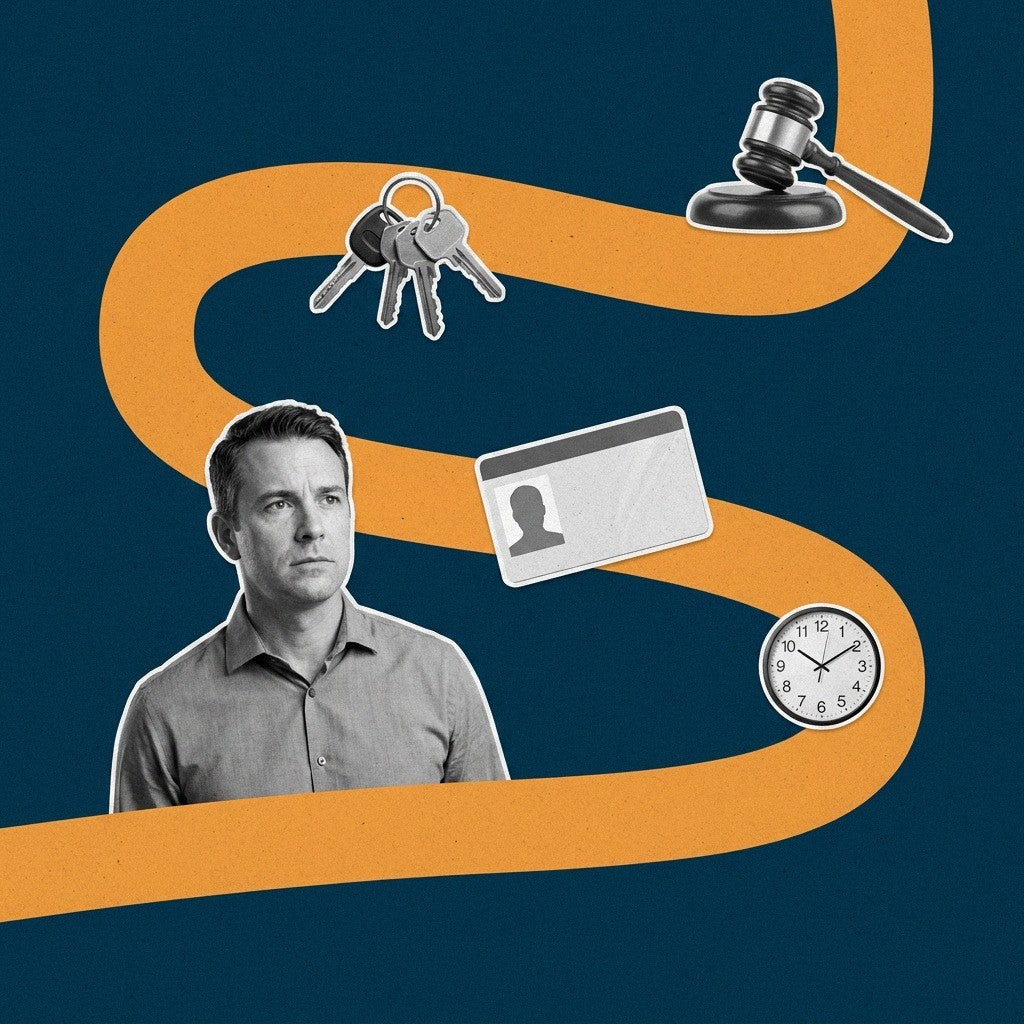 Navy-and-orange flat photo collage of a concerned person with car keys, a driver's license card, a judge's gavel, and a wall clock, representing the legal steps and deadlines after a California DUI arrest