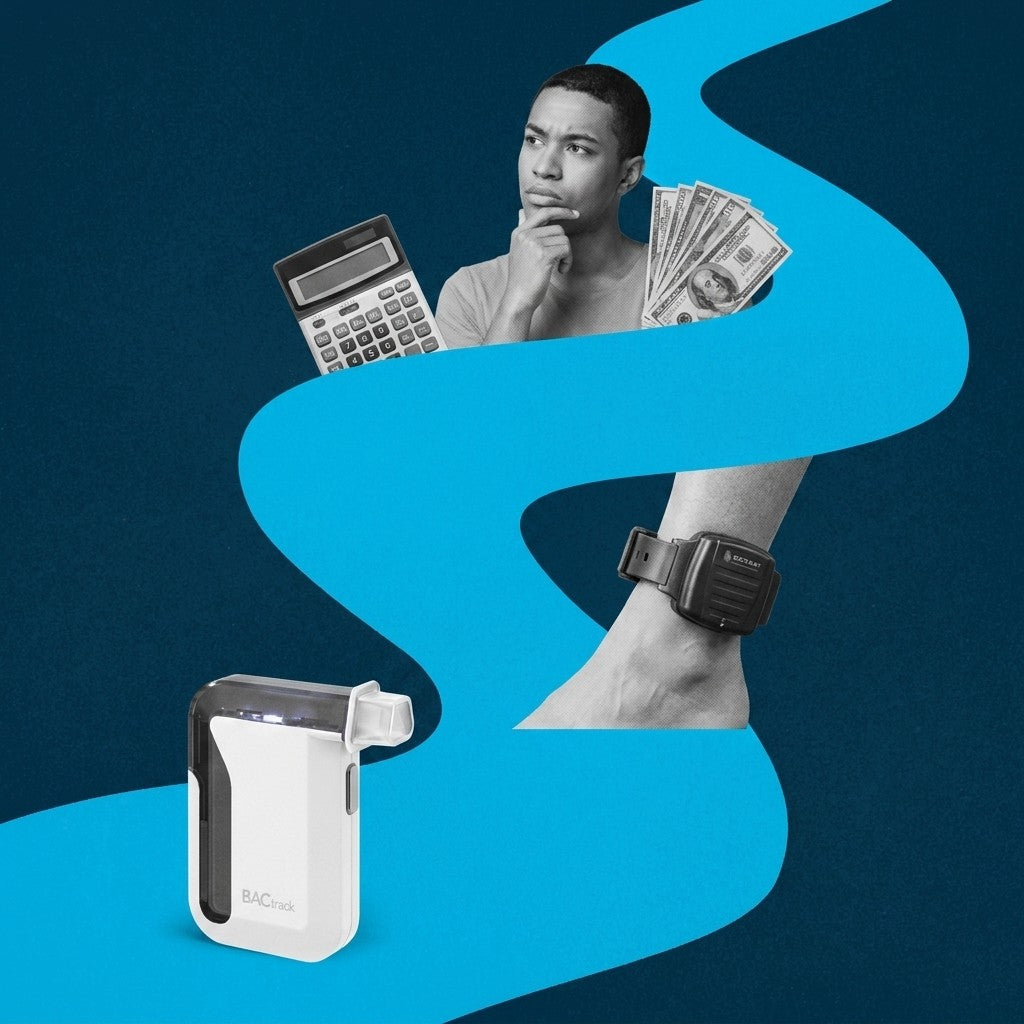 Navy-and-cyan flat photo collage of a person with a calculator, cash, a SCRAM-style monitoring ankle bracelet, and a BACtrack Mobile smartphone breathalyzer, representing the cost of alcohol monitoring bracelets versus breathalyzers.