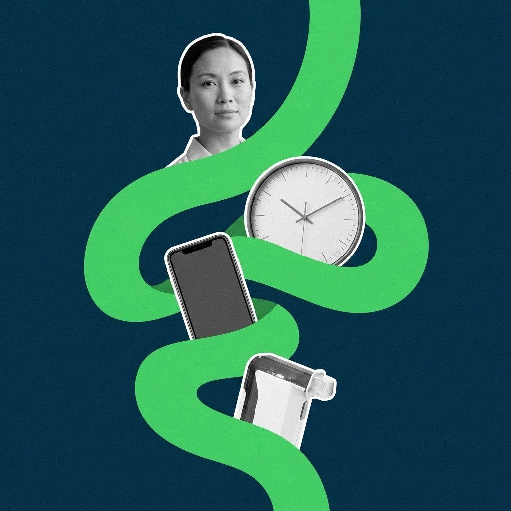 Navy-and-green flat photo collage of a composed person with a clock, a smartphone, and a BACtrack Mobile breathalyzer, representing a missed court-ordered alcohol test window.