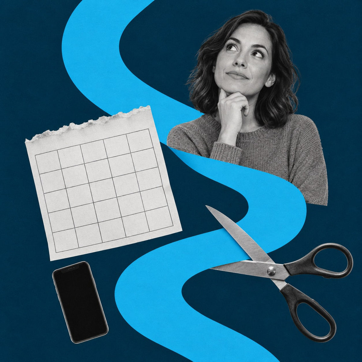 Navy-and-cyan flat photo collage of a thoughtful woman, a blank monthly calendar, a pair of scissors and a smartphone along a winding cyan path, representing cancellation terms in month-to-month alcohol monitoring plans.