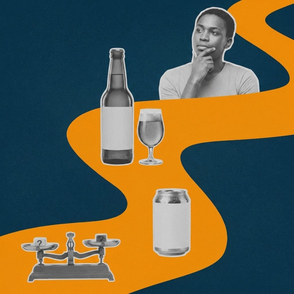Navy-and-orange flat photo collage of a thoughtful person, an unlabeled beer bottle and glass, a can of sparkling water, and a balance scale, representing the decision of whether non-alcoholic beer belongs in recovery.