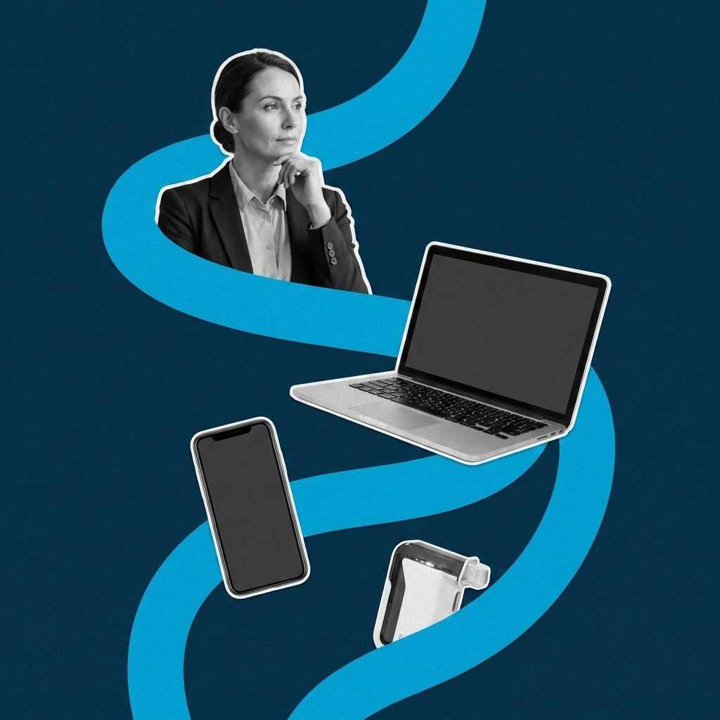 Navy-and-cyan flat photo collage of an office professional with a laptop, a smartphone, and a BACtrack Mobile breathalyzer, representing the choice of an alcohol monitoring solution for the office.