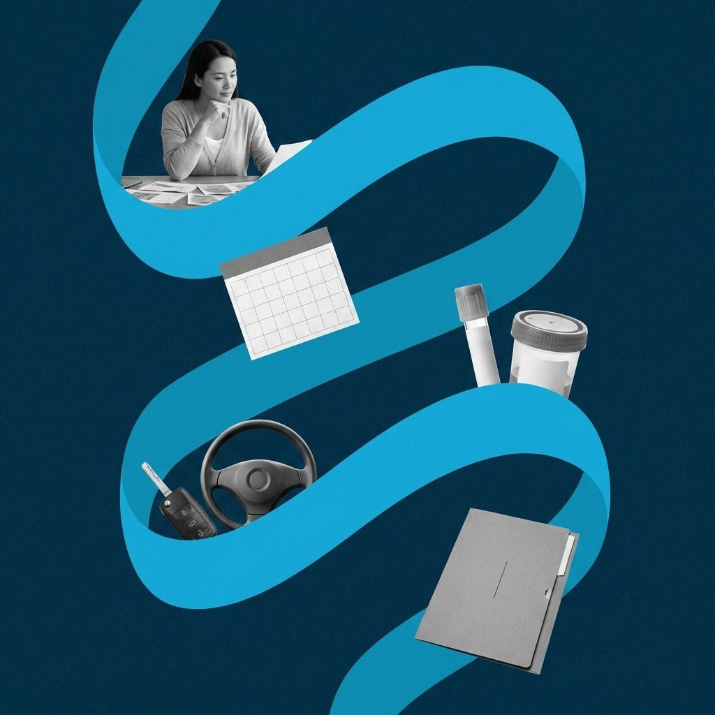 Navy-and-cyan editorial collage of a parent comparing a calendar, lab sample, car key, and letter folder, representing six ways to document sobriety for family court.