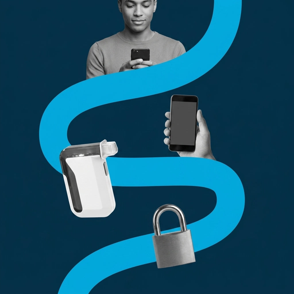 Navy collage of a person checking a smartphone, a smartphone breathalyzer, and a padlock along a cyan ribbon, representing data privacy in remote alcohol monitoring