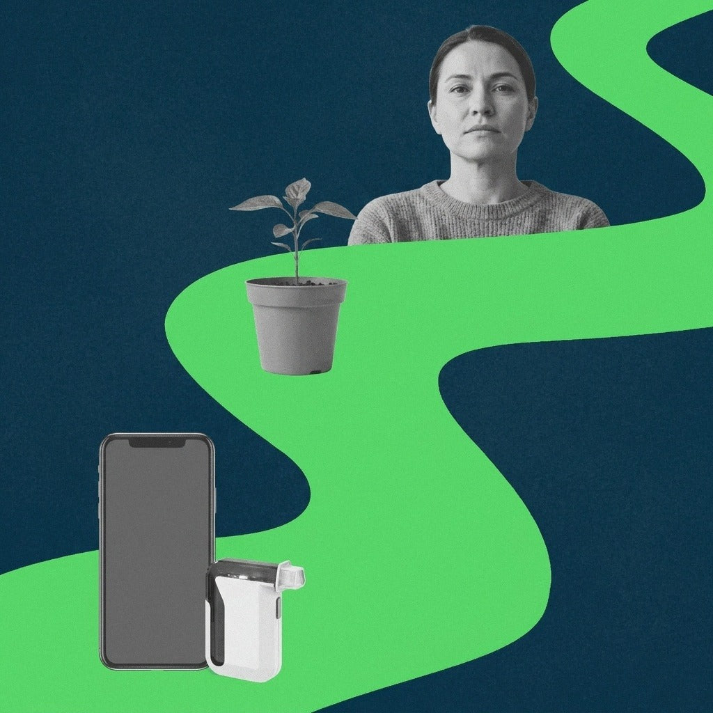 Navy-and-green flat photo collage of an adult, a small potted seedling, a smartphone and a small BACtrack Mobile breathalyzer along a winding green path, representing a monitoring routine through the first 90 days of recovery.