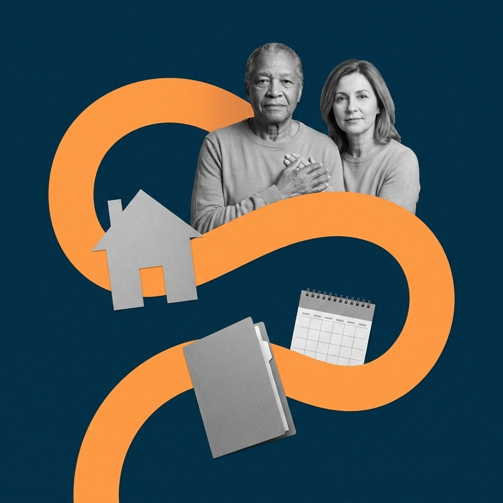 Navy-and-orange editorial collage of two adult relatives with a house, blank calendar, and agreement folder, representing grandparent and third-party custody planning.