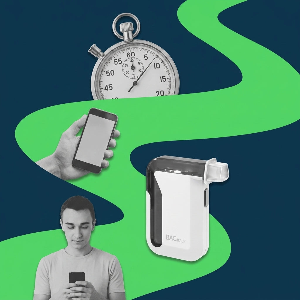 Editorial photo collage on a deep navy background with a green ribbon and black-and-white cutouts of a person with a smartphone, a hand holding a phone, a BACtrack Mobile smartphone breathalyzer, and a stopwatch, representing a quick remote alcohol test