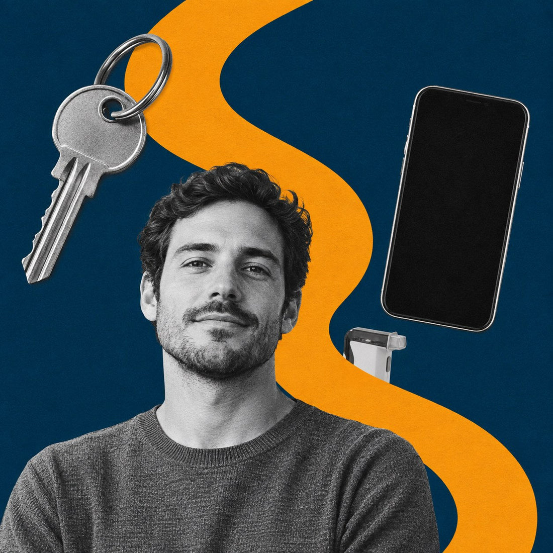 Navy-and-orange flat photo collage of a confident man, an oversized house key, a smartphone and a small BACtrack Mobile breathalyzer along a winding orange path, representing self-directed alcohol monitoring on your own terms.