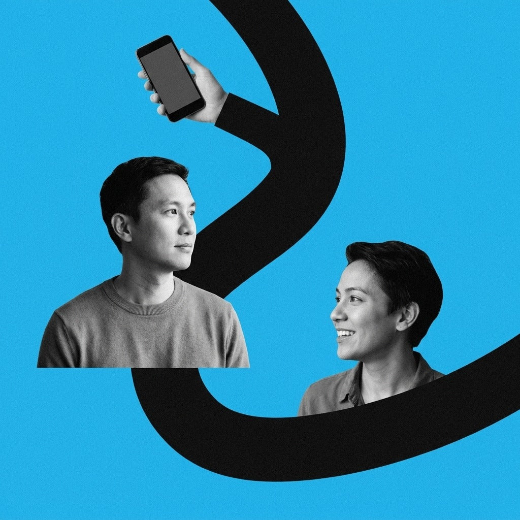 Bright blue flat photo collage of two adults facing each other across a black winding ribbon, with a smartphone above them, representing a spouse or partner invited by consent to see remote alcohol test results.