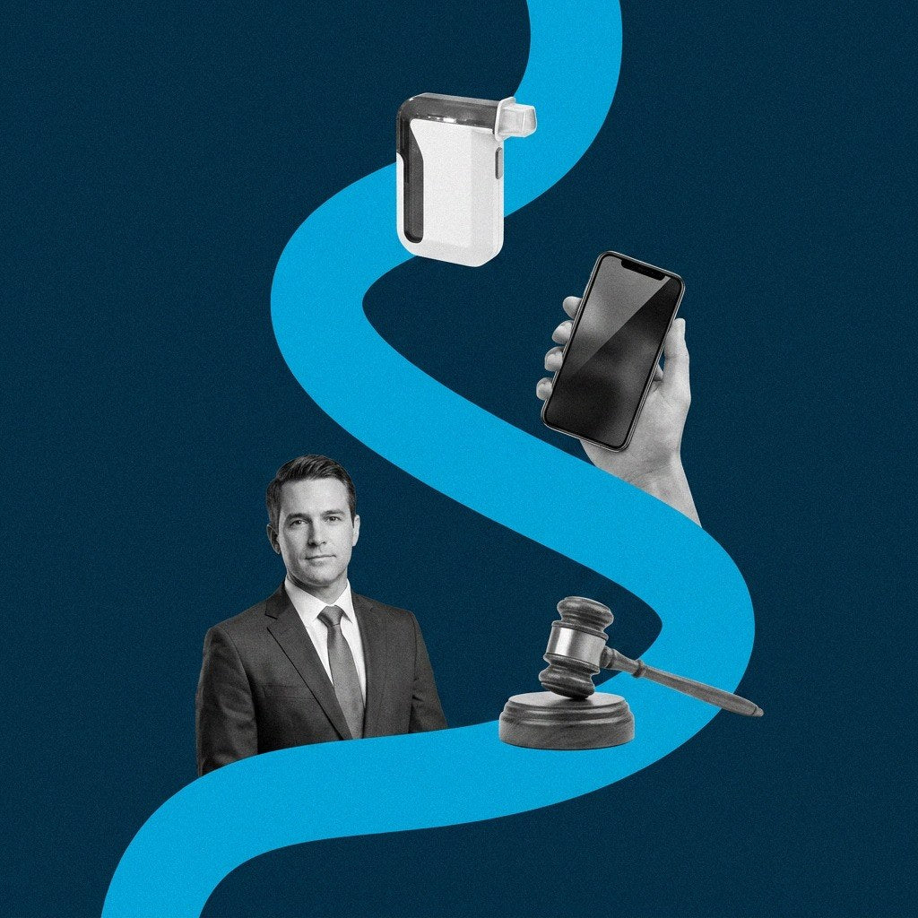 Navy and cyan flat photo collage of an attorney, a judge's gavel, a hand holding a smartphone recording video, and a BACtrack Mobile breathalyzer, for video-verified alcohol monitoring