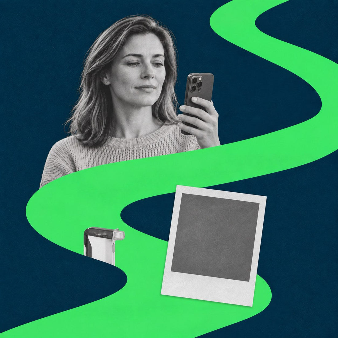 Navy-and-green flat photo collage of a parent looking at the smartphone in her hand, with a blank instant photo and a small BACtrack Mobile breathalyzer, contrasting continuous video verification with a single still photo.