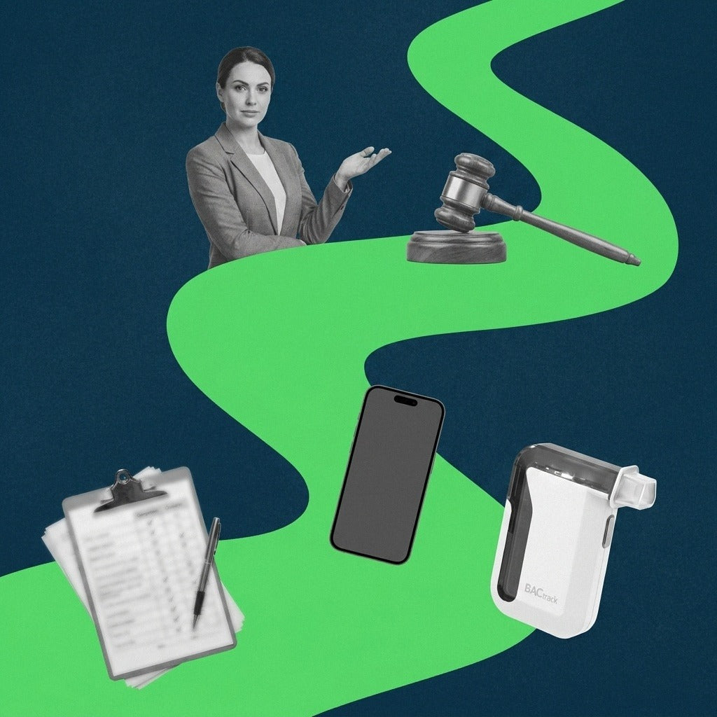 Navy-and-green flat photo collage of a family law attorney, a judge's gavel, an attorney checklist on a clipboard, a smartphone, and a BACtrack Mobile smartphone breathalyzer, representing when to recommend alcohol monitoring in a custody case.