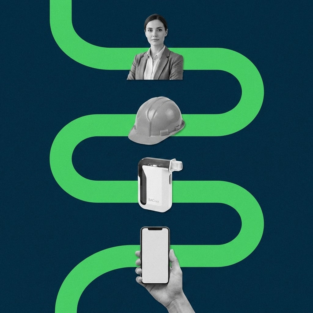 Flat 2D paper-collage of a workplace safety worker, a hard hat, a BACtrack Mobile smartphone breathalyzer, and a hand holding a smartphone along a winding green path on a navy field, representing workplace alcohol monitoring programs