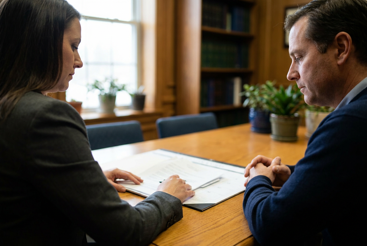 Attorney and client reviewing pre-trial monitoring documents in a legal office