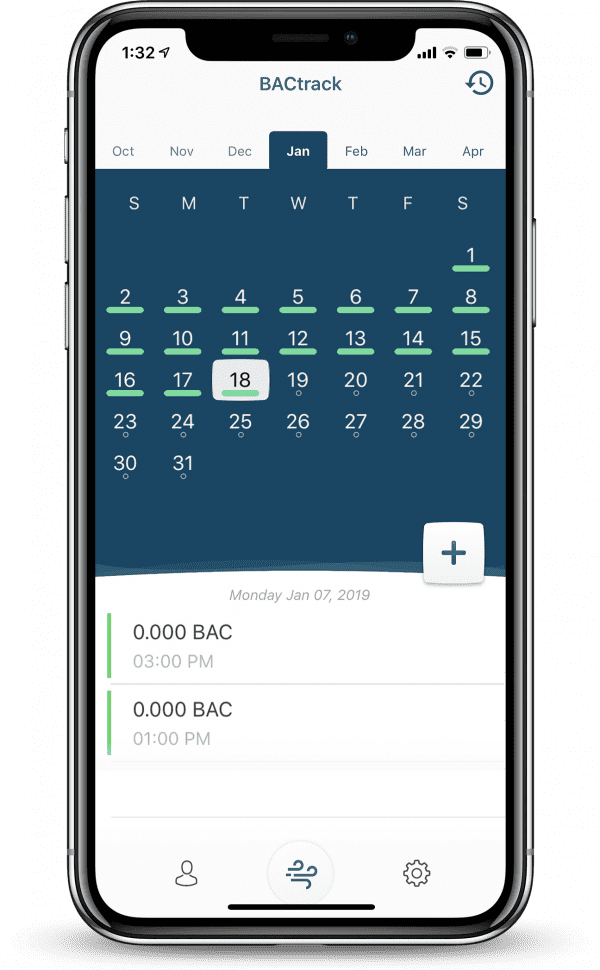 BACtrack View app calendar screen showing test schedule on iPhone