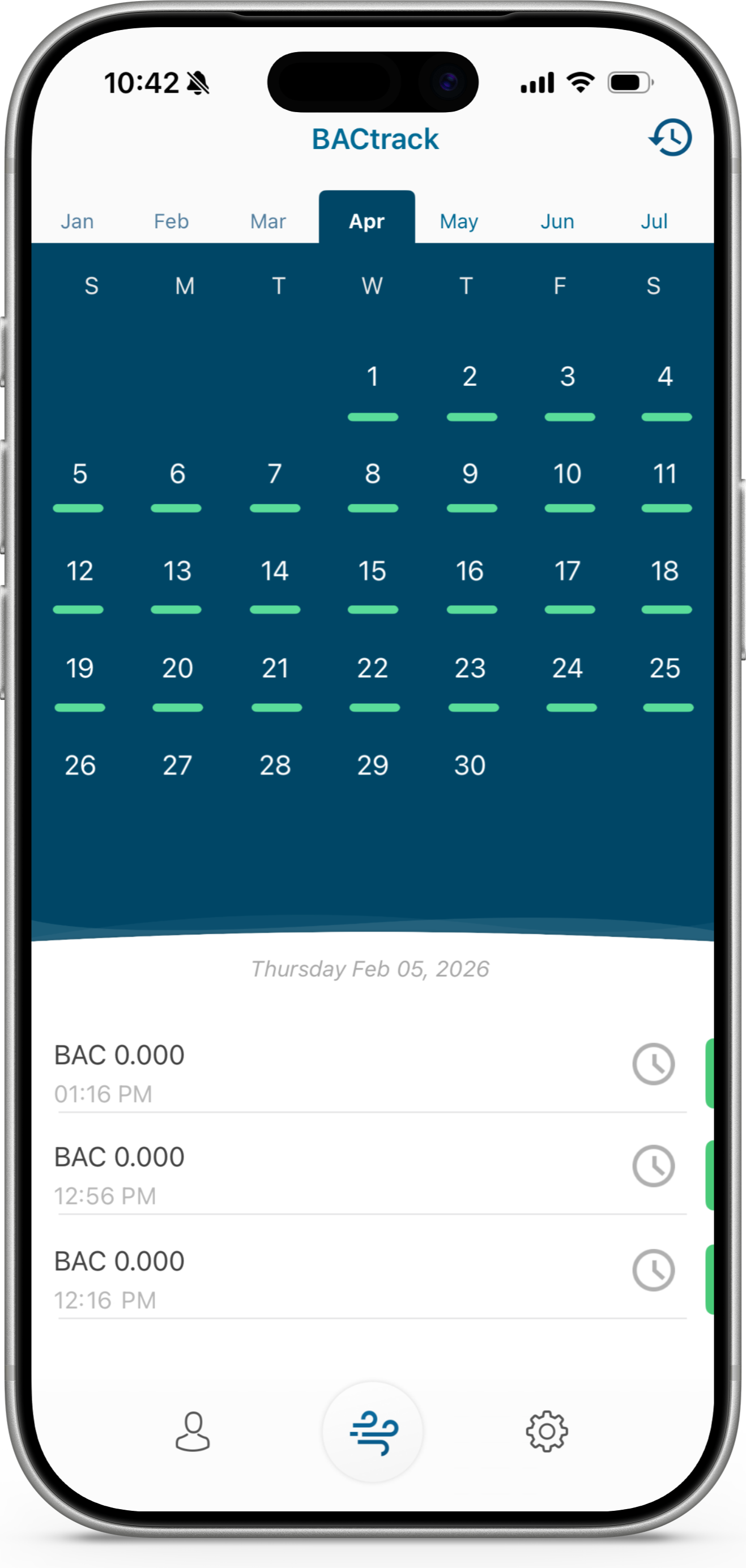 BACtrack View app showing a testing schedule calendar on iPhone