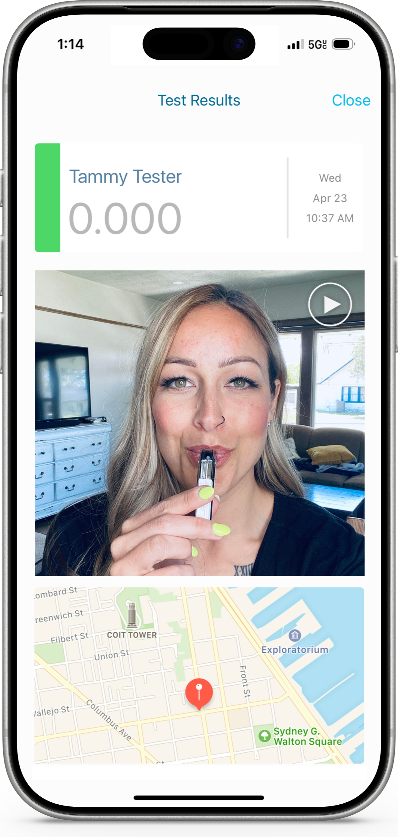 BACtrack View app showing a video and location verified BAC test result on iPhone
