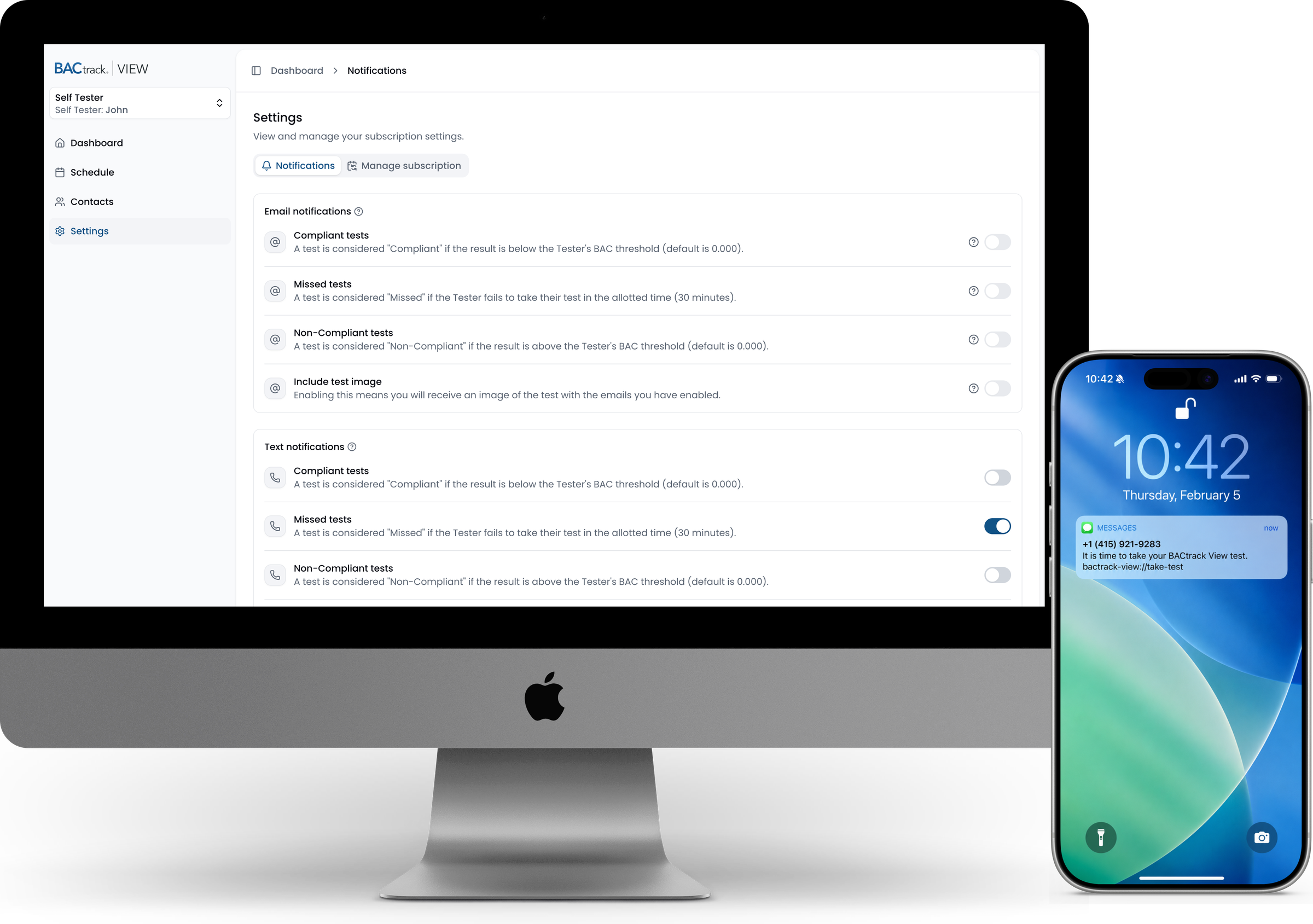 BACtrack View notification settings in the web portal on an iMac, with a text notification on an iPhone