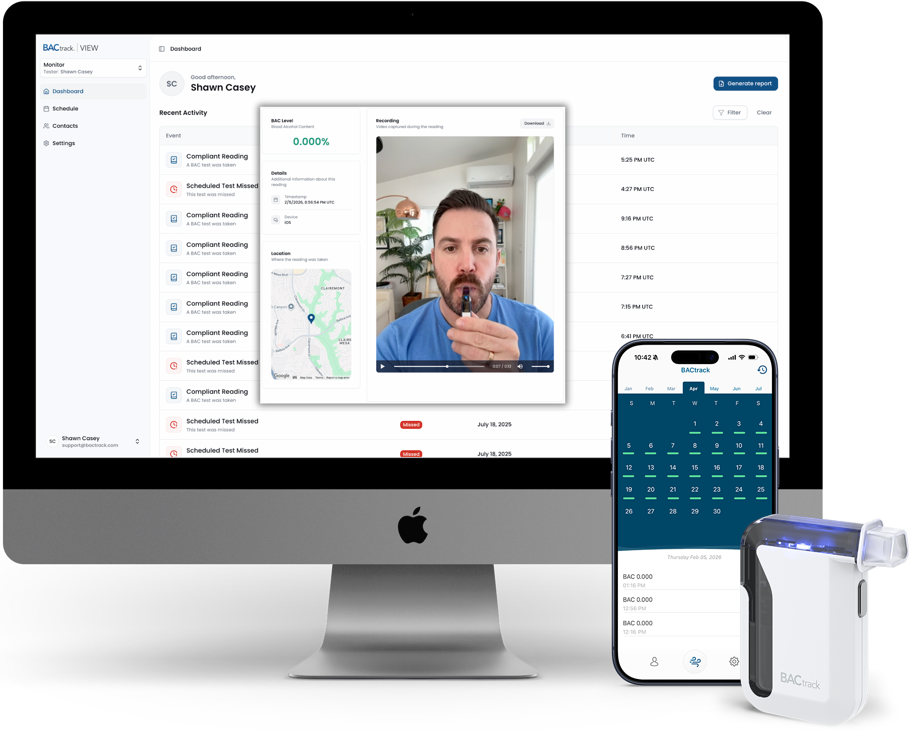 BACtrack View shown on an iMac web portal and iPhone app, alongside the BACtrack Mobile breathalyzer