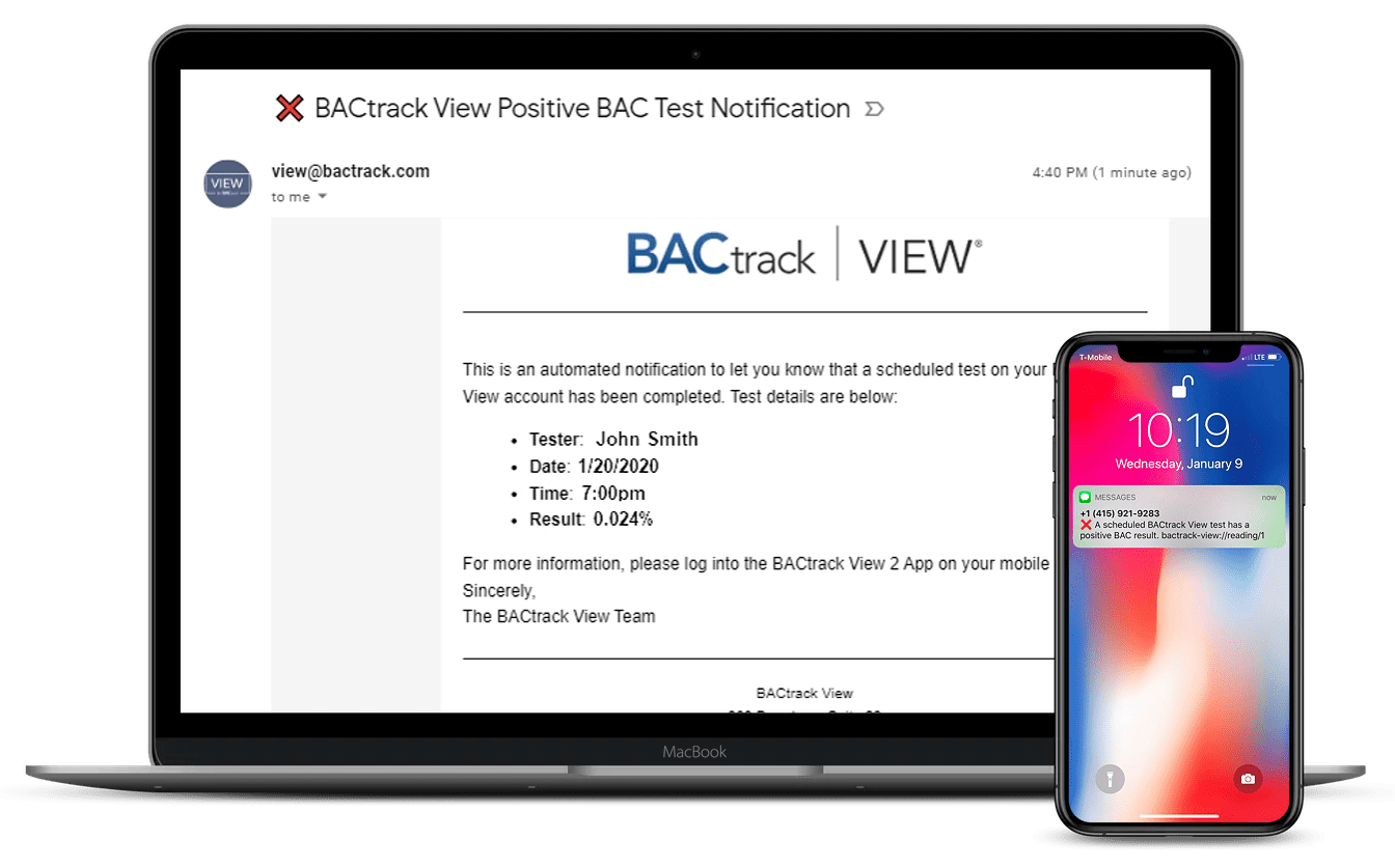 BACtrack View positive BAC test result on iPhone with laptop notification