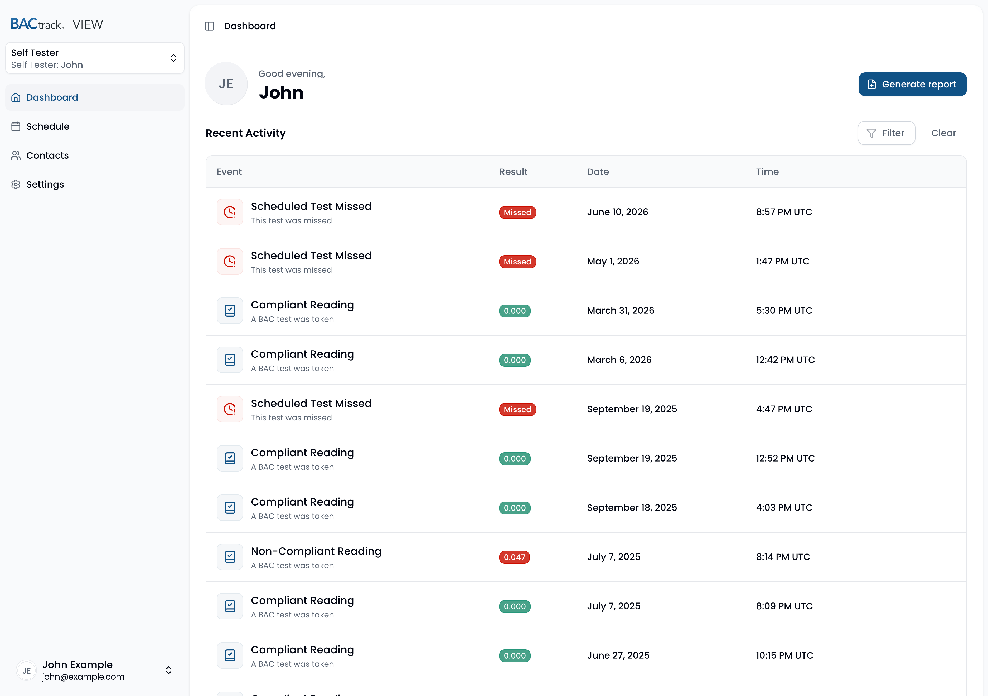 BACtrack View web portal dashboard showing recent activity with compliant, non-compliant, and missed BAC tests