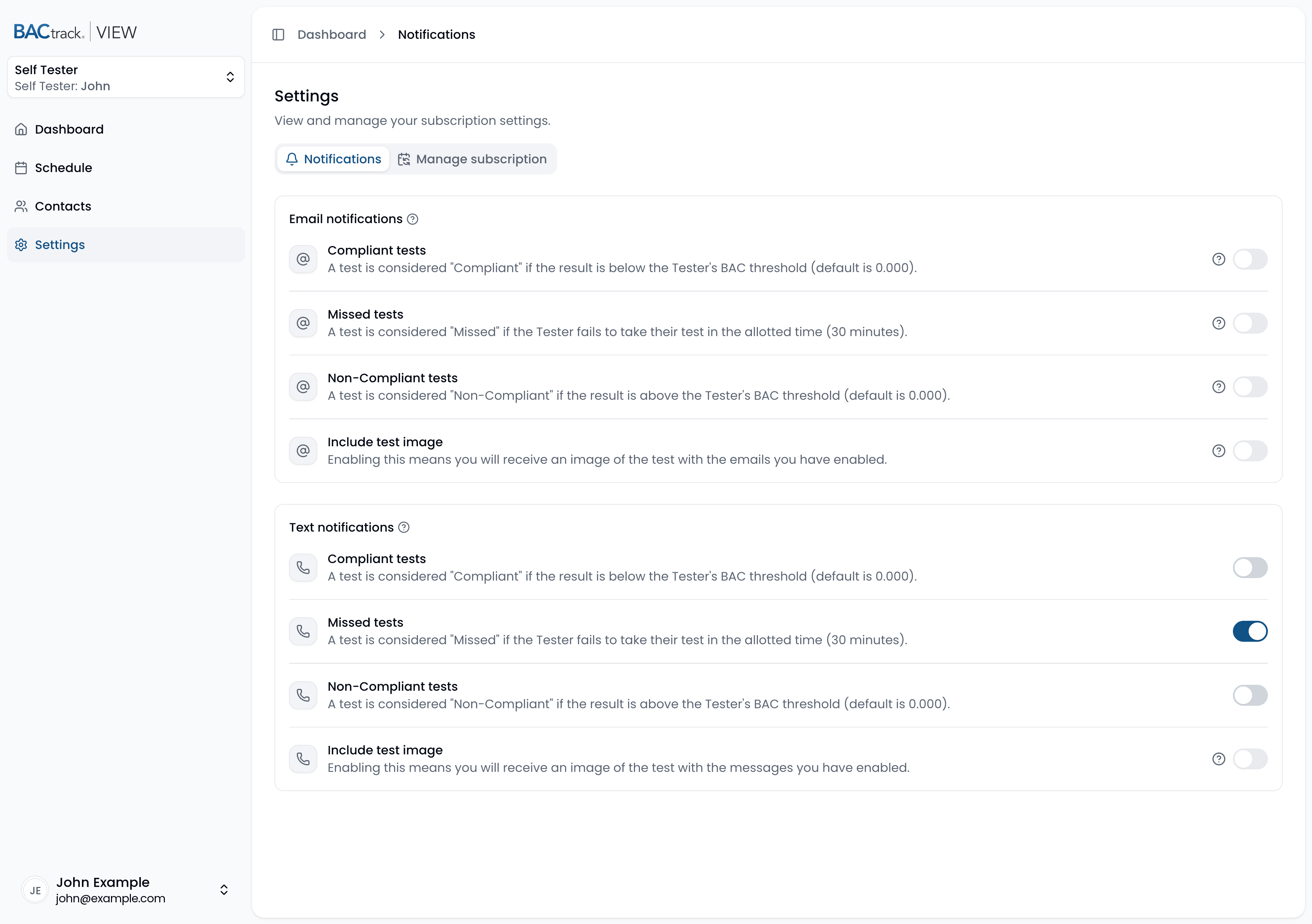 Email and text notification settings in the BACtrack View web portal