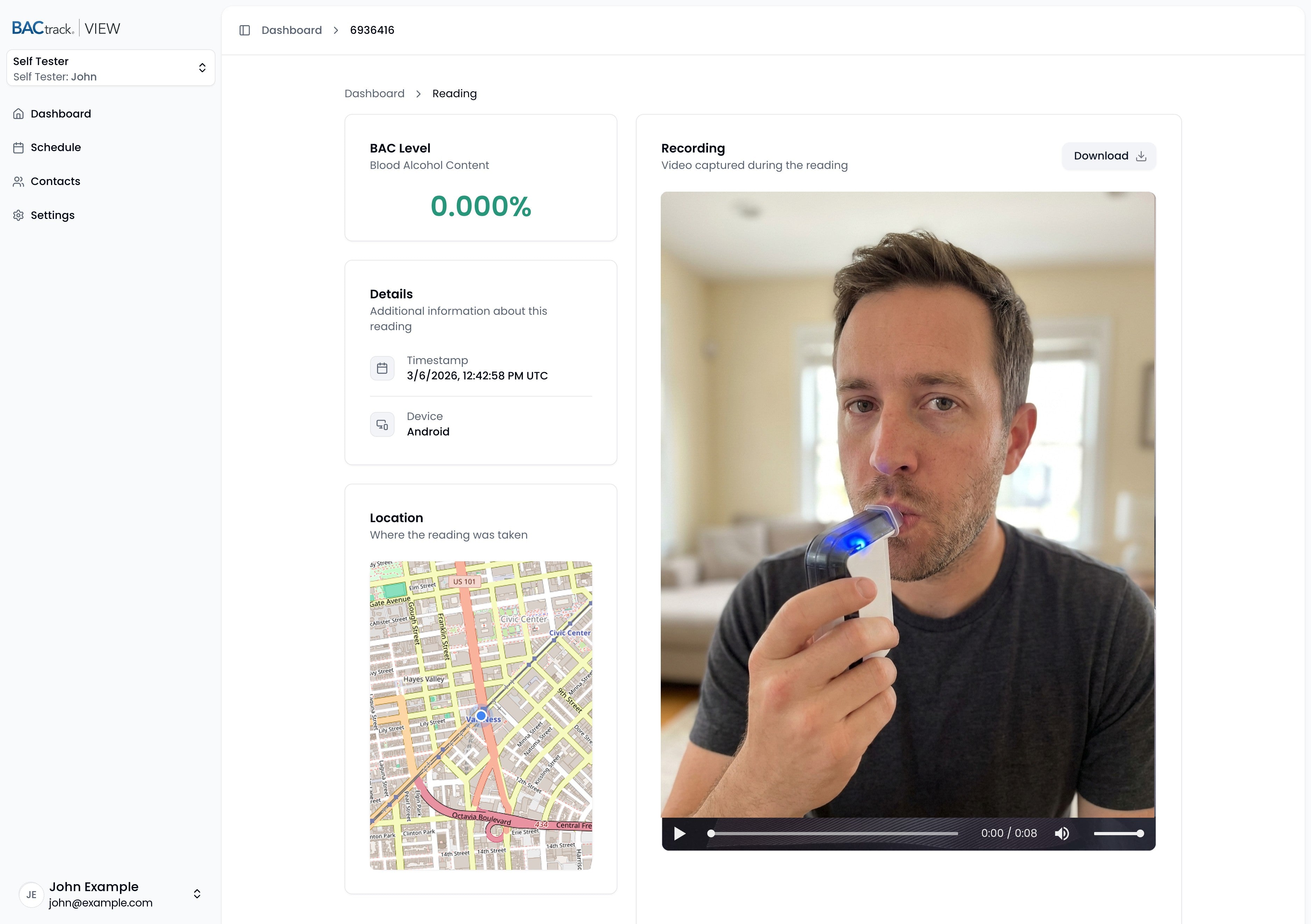BAC reading detail in the BACtrack View web portal with result, timestamp, location, and video verification