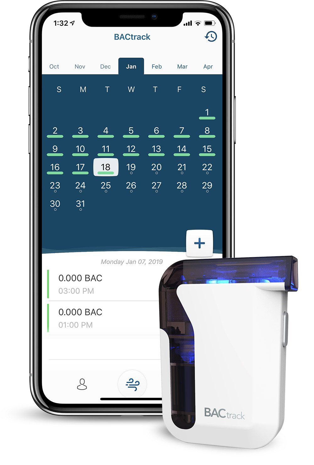 BACtrack View app calendar screen showing scheduled breath tests on iPhone
