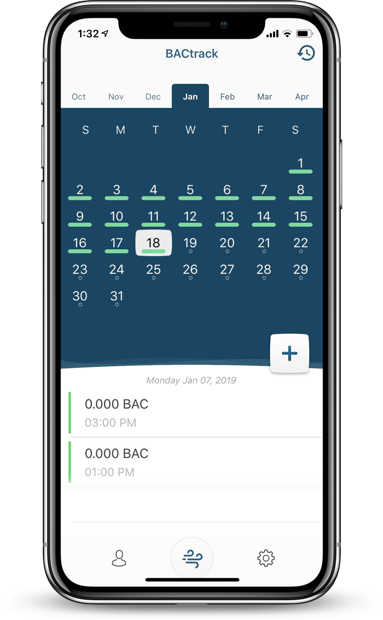 BACtrack View app calendar view for test scheduling on iPhone