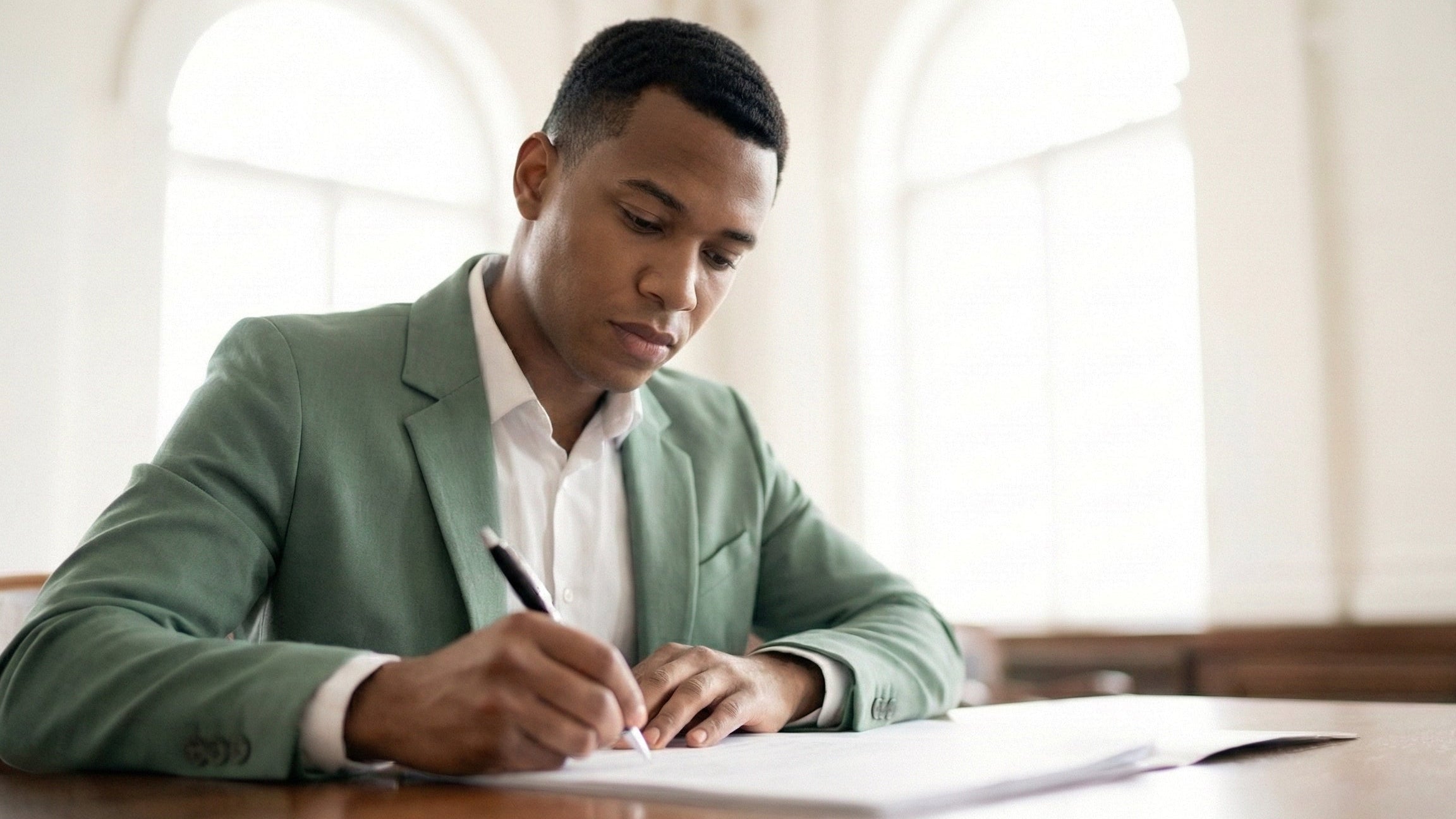 Lawyer in a green blazer writing at a desk in a bright room with large windows.
