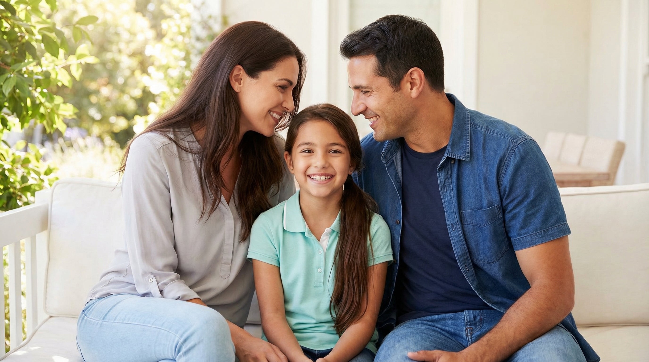 Family of three sitting together on a couch outdoors