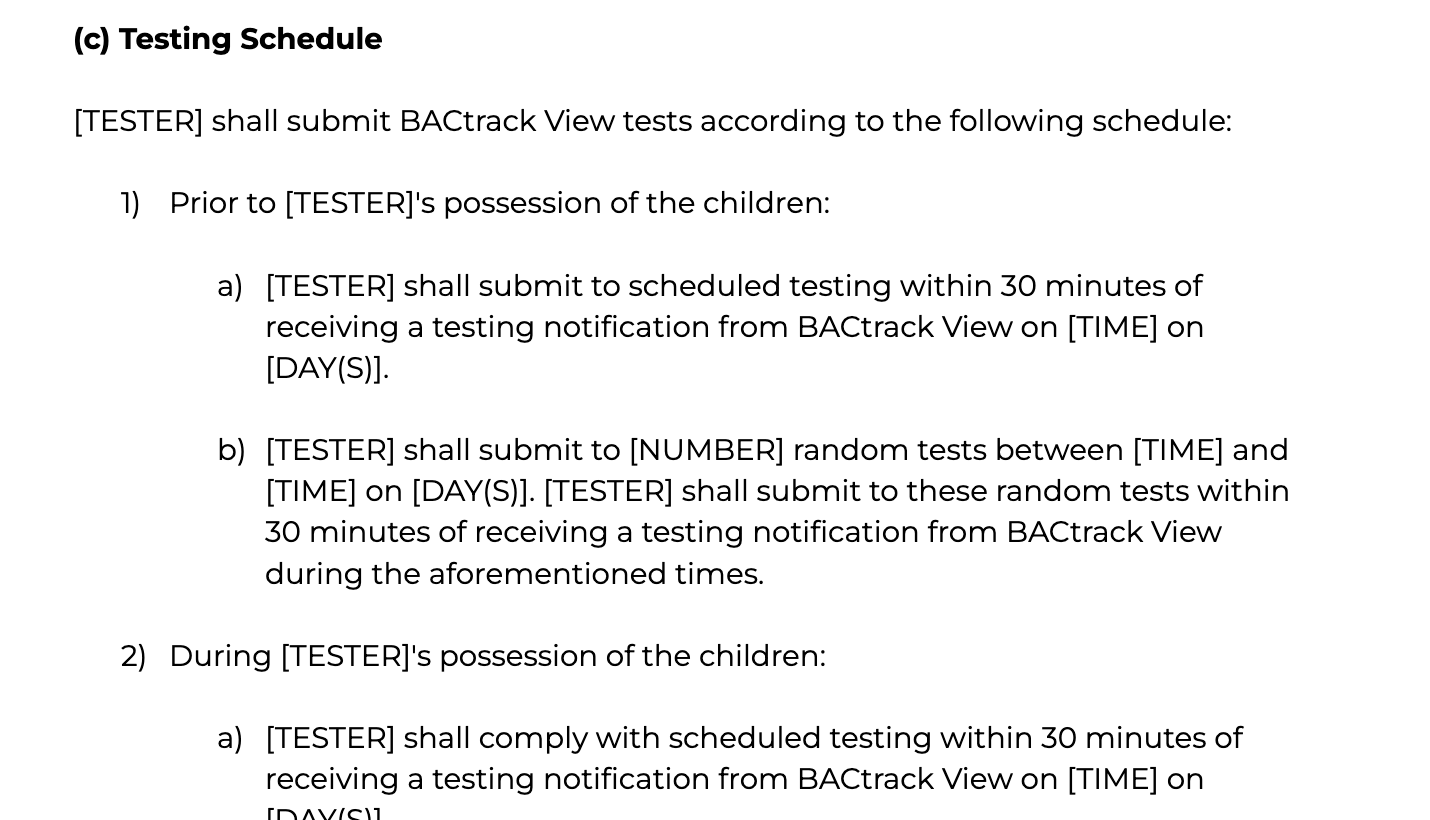 Testing Schedule section of Sobriety Clause for Custody Agreement template