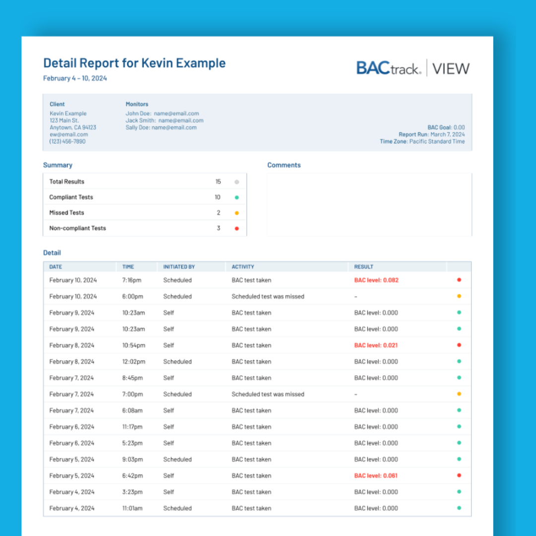 Sample BACtrack View breathalyzer test results PDF report, for character reference or documentation of sobriety letters, that can be shared with the court