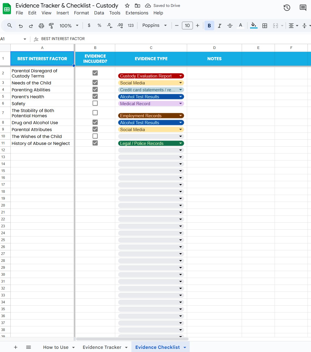 Demonstration image of evidence tracker and checklist to help parents gather the best evidence for child custody cases