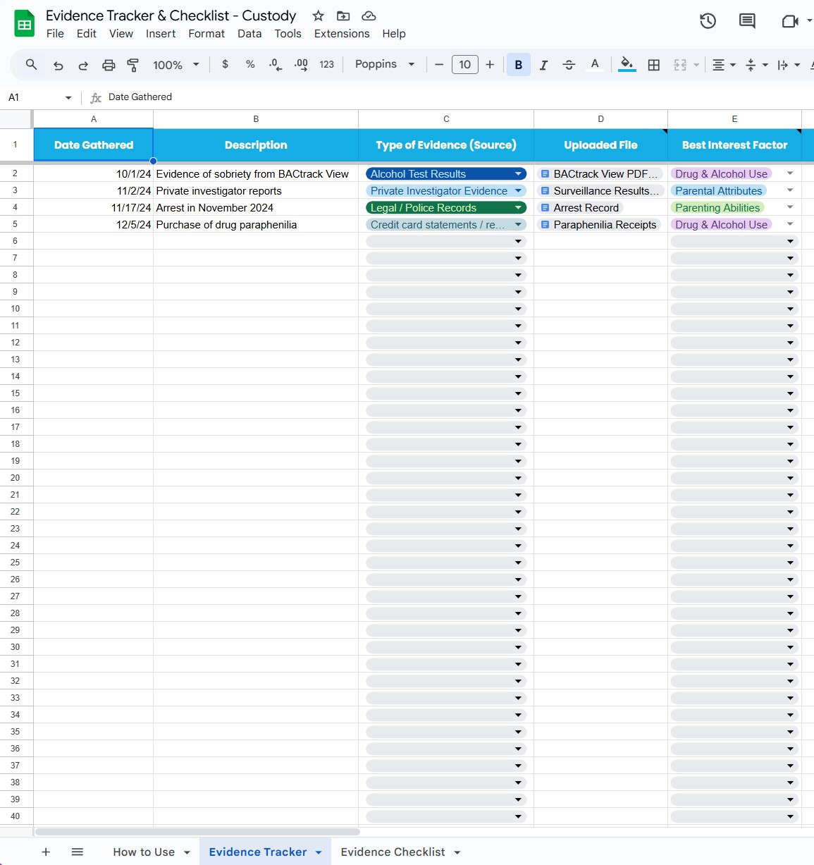 Demonstration image of evidence tracker and checklist to help parents gather the best evidence for child custody cases