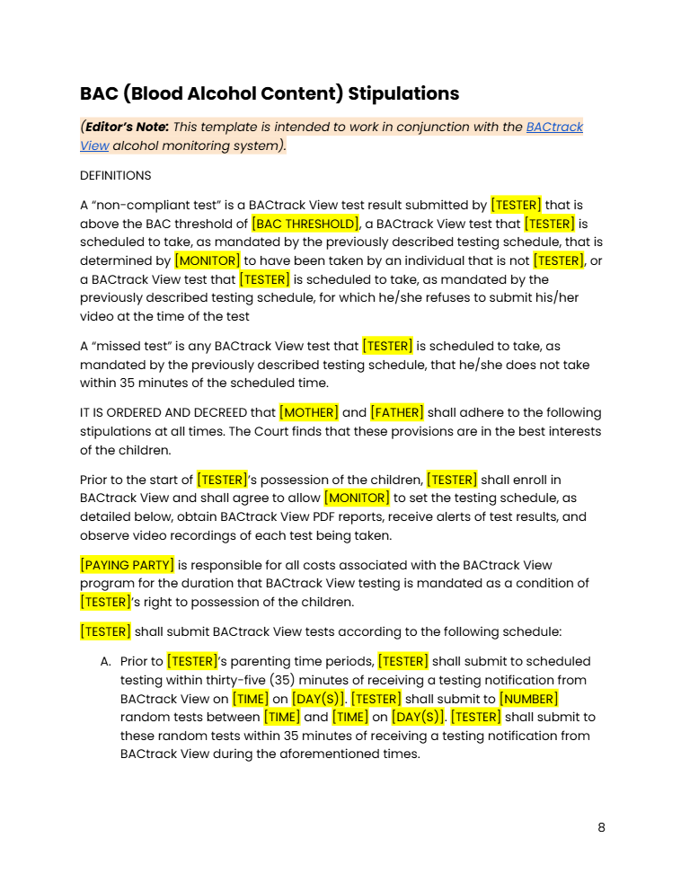 preview image of the bac breathalyzer alcohol child custody stipulation example template 