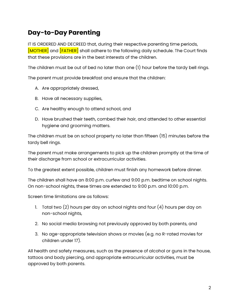 day-to-day parenting child custody stipulation example template preview