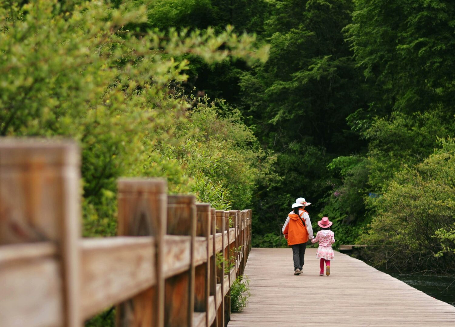 2 women walking on wooden bridge during daytime